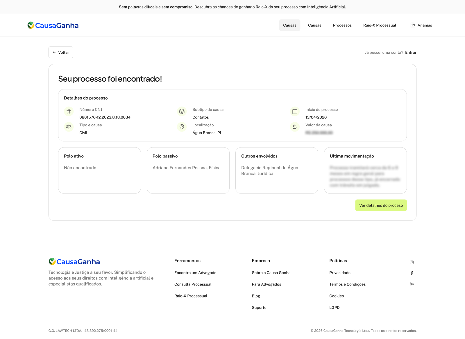 Consulta processual, processo encontrado
