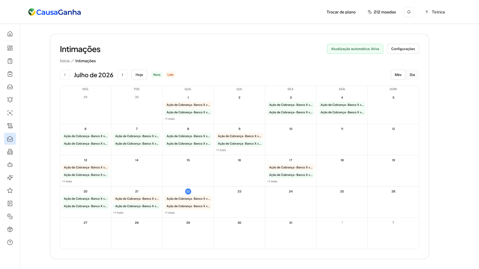 Calendário, visão Mês com legenda de status
